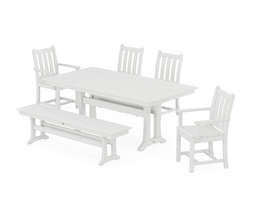 POLYWOOD Traditional Garden 6-Piece Farmhouse Dining Set with Trestle Legs and Bench in White image