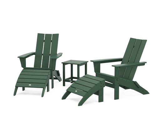 POLYWOOD Modern Folding Adirondack Chair 5-Piece Set with Ottomans and 18" Side Table in Green image
