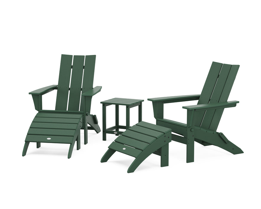 POLYWOOD Modern Folding Adirondack Chair 5-Piece Set with Ottomans and 18" Side Table in Green image