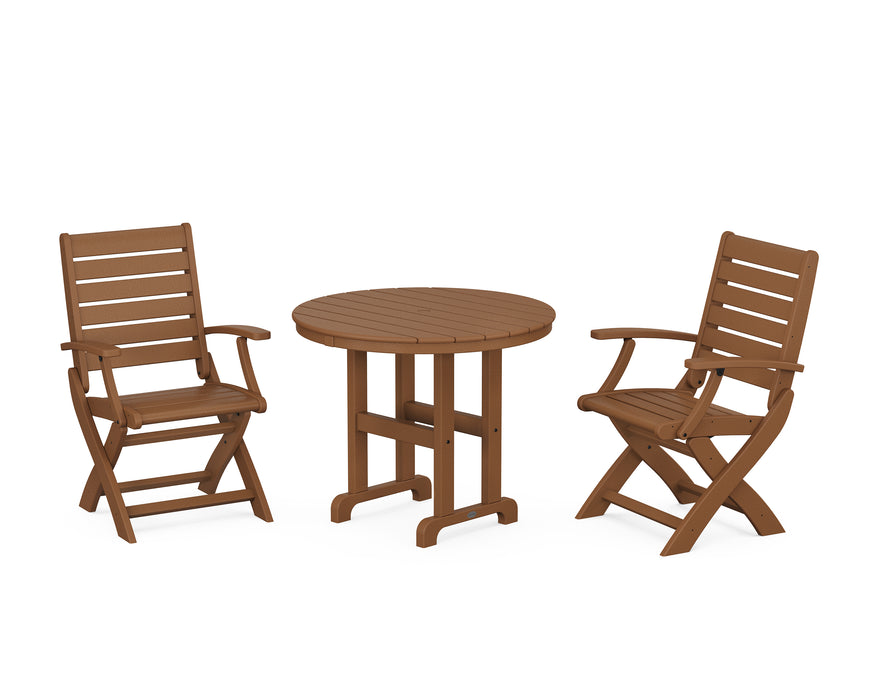 POLYWOOD Signature Folding Chair 3-Piece Round Farmhouse Dining Set in Teak image