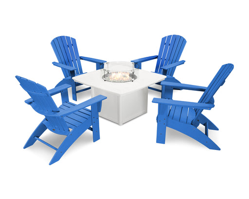 POLYWOOD Nautical Curveback Adirondack 5-Piece Conversation Set with Fire Table in Pacific Blue / White image