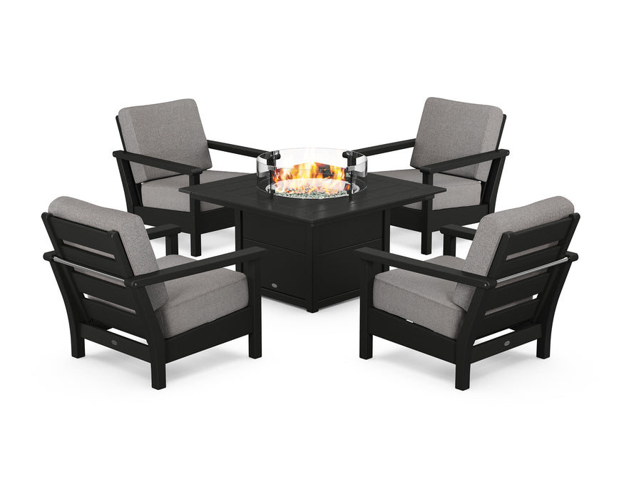 POLYWOOD Harbour 5-Piece Conversation Set with Fire Pit Table in Black / Grey Mist image