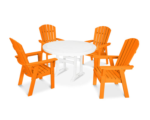 POLYWOOD Nautical Curveback Adirondack 5-Piece Round Dining Set with Trestle Legs in Tangerine / White image