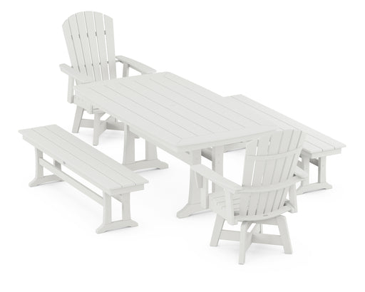 POLYWOOD Nautical Curveback Adirondack Swivel Chair 5-Piece Dining Set with Trestle Legs and Benches in Vintage White image