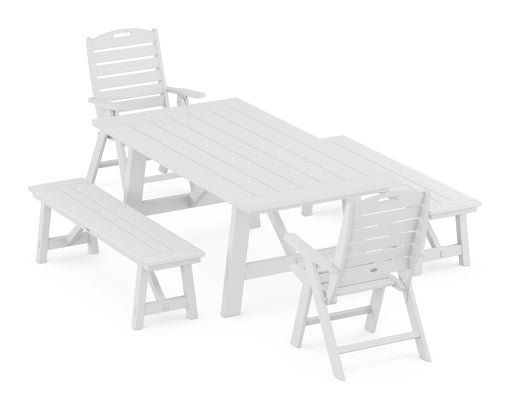 POLYWOOD Nautical Highback Chair 5-Piece Rustic Farmhouse Dining Set With Benches in White image