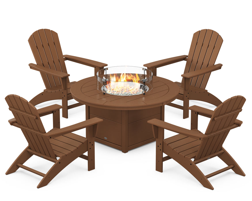 POLYWOOD Nautical 5-Piece Adirondack Chair Conversation Set with Fire Pit Table in Teak image