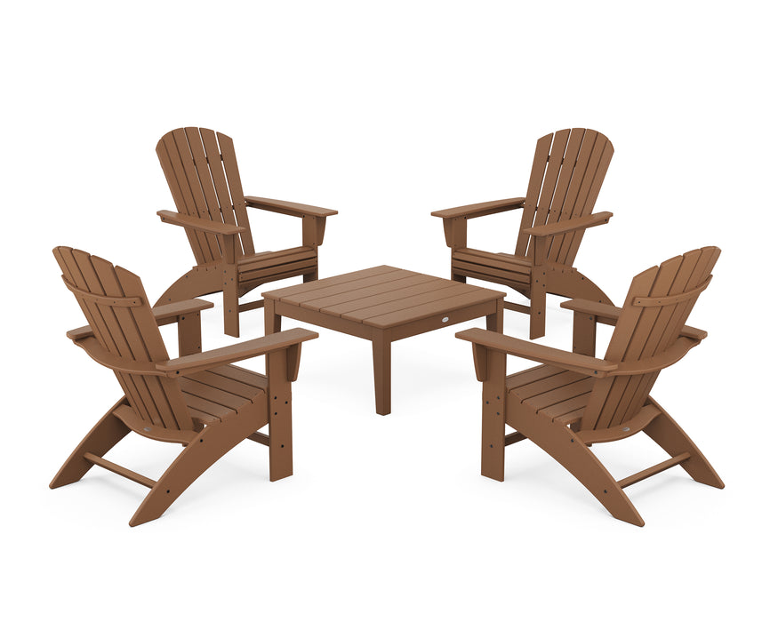 POLYWOOD 5-Piece Nautical Curveback Adirondack Chair Conversation Set with 36" Conversation Table in Teak image