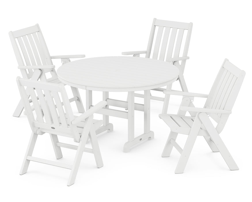 POLYWOOD Vineyard Folding Chair 5-Piece Round Famrhouse Dining Set in White