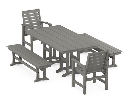 POLYWOOD Signature 5-Piece Farmhouse Dining Set with Benches in Slate Grey image