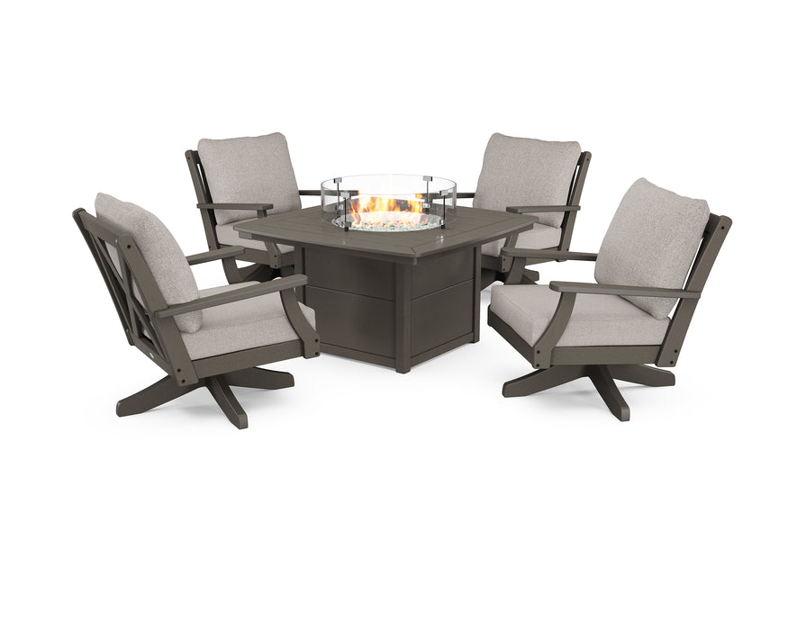 POLYWOOD Braxton 5-Piece Deep Seating Swivel Conversation Set with Fire Pit Table in Vintage Coffee / Weathered Tweed image