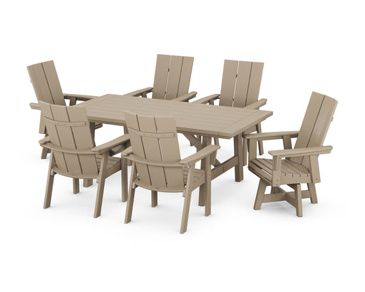 POLYWOOD Modern Curveback Adirondack 7-Piece Rustic Farmhouse Swivel Dining Set in Vintage Sahara image