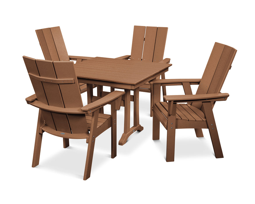 POLYWOOD Modern Curveback Adirondack 5-Piece Farmhouse Trestle Dining Set in Teak