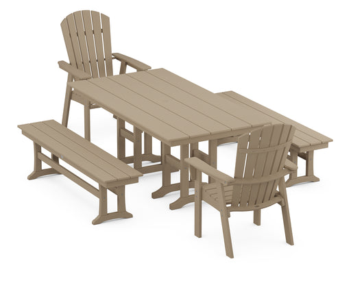 POLYWOOD Nautical Curveback Adirondack 5-Piece Farmhouse Dining Set with Benches in Vintage Sahara image