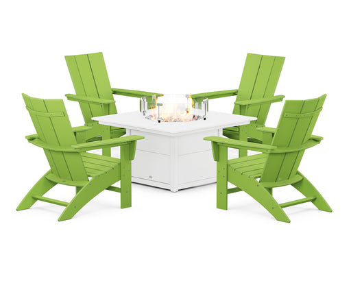 POLYWOOD Modern Curveback Adirondack 5-Piece Conversation Set with Fire Pit Table in Lime / White image