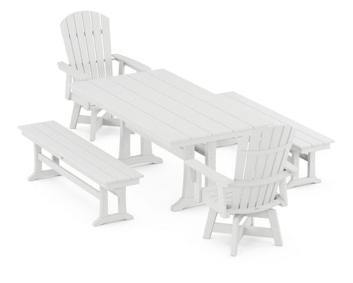 POLYWOOD Nautical Curveback Adirondack Swivel Chair 5-Piece Farmhouse Dining Set With Trestle Legs and Benches in White image