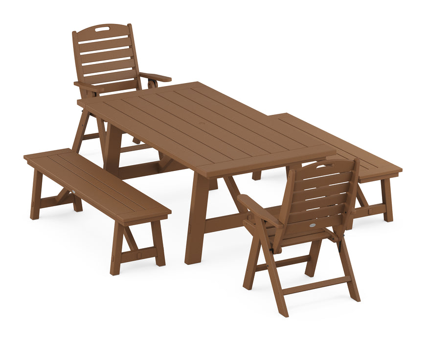 POLYWOOD Nautical Highback Chair 5-Piece Rustic Farmhouse Dining Set With Benches in Teak image