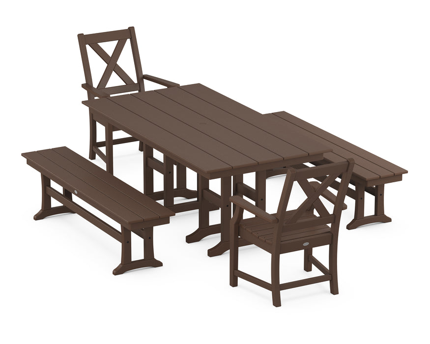 POLYWOOD Braxton 5-Piece Farmhouse Dining Set with Benches in Mahogany image