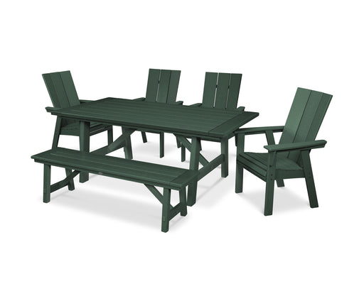 POLYWOOD Modern Curveback Adirondack 6-Piece Rustic Farmhouse Dining Set with Bench in Green image