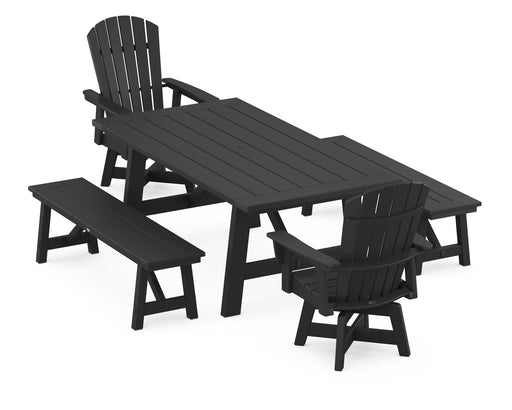 POLYWOOD Nautical Curveback Adirondack Swivel Chair 5-Piece Rustic Farmhouse Dining Set With Benches in Black image