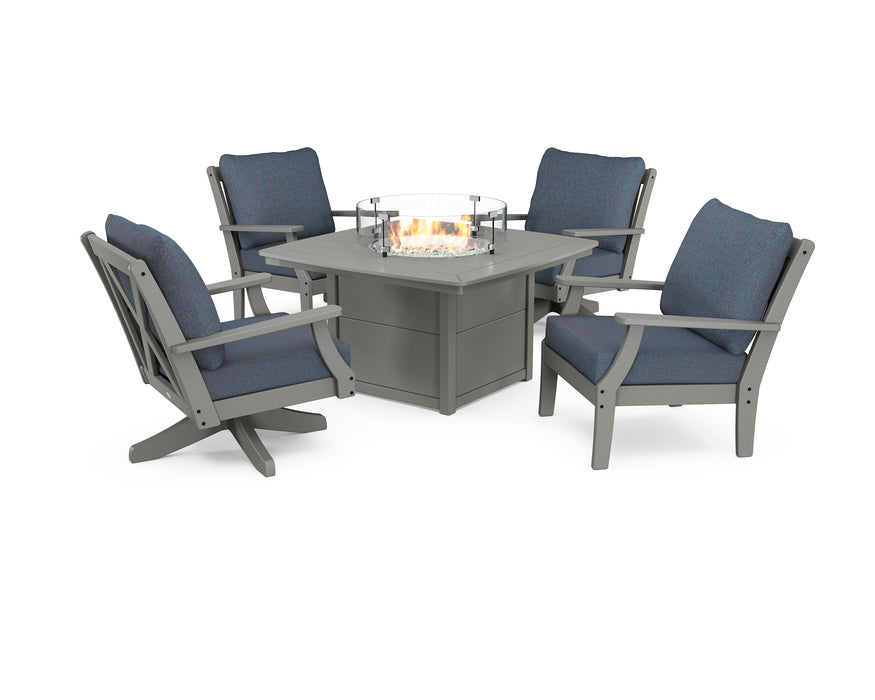 POLYWOOD Braxton 5-Piece Deep Seating Set with Fire Table in Slate Grey / Sancy Denim