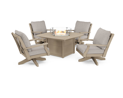 POLYWOOD Braxton 5-Piece Deep Seating Swivel Conversation Set with Fire Pit Table in Vintage Sahara / Weathered Tweed image