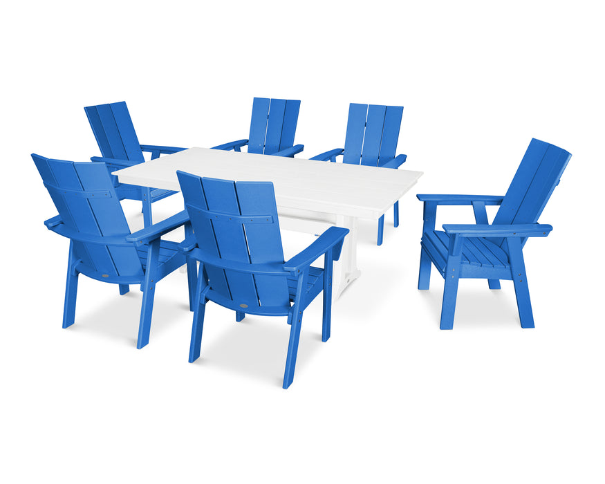 POLYWOOD Modern Curveback Adirondack 7-Piece Farmhouse Dining Set with Trestle Legs in Pacific Blue / White