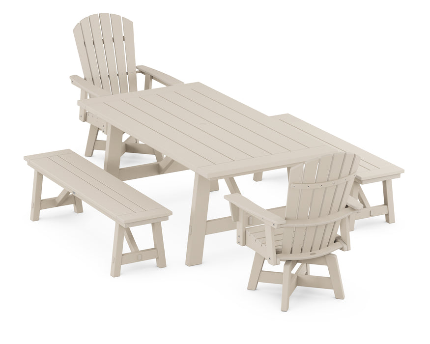 POLYWOOD Nautical Curveback Adirondack Swivel Chair 5-Piece Rustic Farmhouse Dining Set With Benches in Sand image