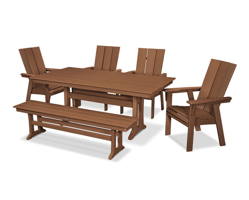 POLYWOOD Modern Curveback Adirondack 6-Piece Farmhouse Dining Set with Trestle Legs and Bench in Teak image