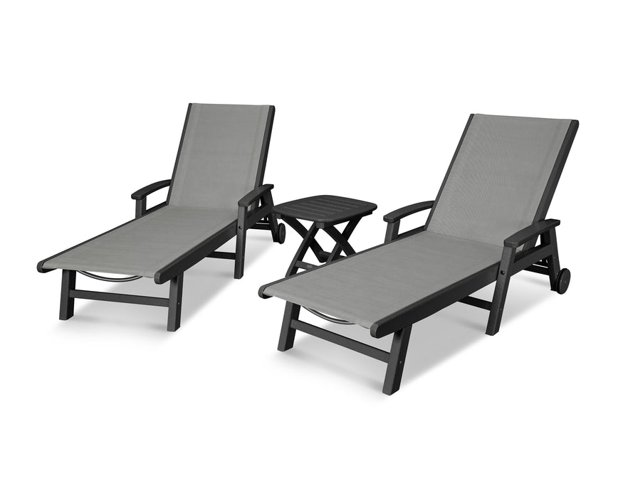 POLYWOOD Coastal 3-Piece Wheeled Chaise Set in Black / Metallic Sling