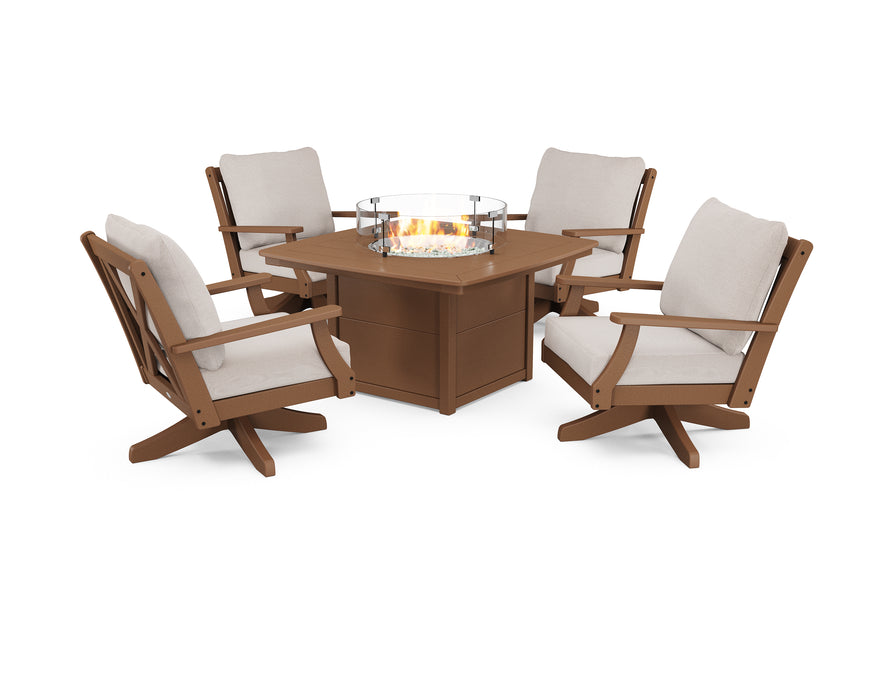 POLYWOOD Braxton 5-Piece Deep Seating Swivel Conversation Set with Fire Pit Table in Teak / Dune Burlap image