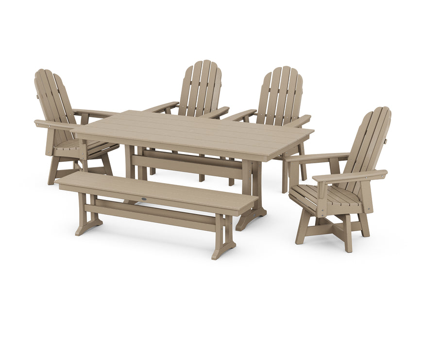 POLYWOOD Vineyard Curveback Adirondack 6-Piece Swivel Chair Farmhouse Dining Set with Trestle Legs and Bench in Vintage Sahara