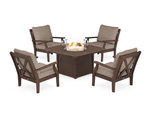 POLYWOOD Braxton 5-Piece Deep Seating Conversation Set with Fire Pit Table in Mahogany / Spiced Burlap image