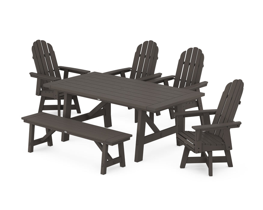 POLYWOOD Vineyard Curveback Adirondack Swivel Chair 6-Piece Rustic Farmhouse Dining Set With Bench in Vintage Coffee