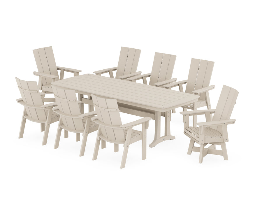 POLYWOOD Modern Curveback Adirondack Swivel 9-Piece Dining Set with Trestle Legs in Sand image