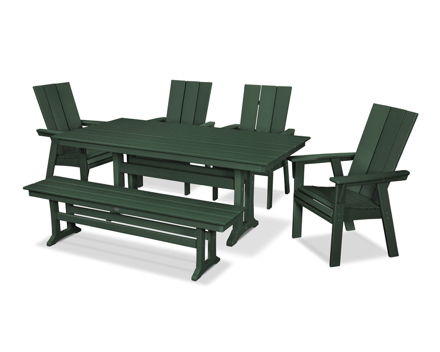 POLYWOOD Modern Curveback Adirondack 6-Piece Farmhouse Dining Set with Trestle Legs and Bench in Green image