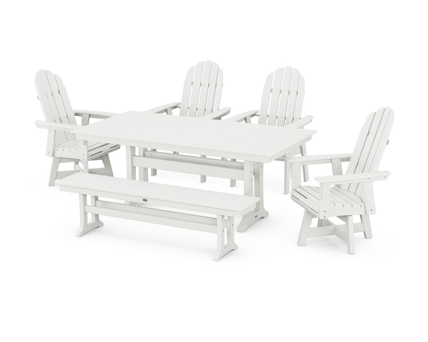 POLYWOOD Vineyard Curveback Adirondack 6-Piece Swivel Chair Farmhouse Dining Set with Trestle Legs and Bench in Vintage White