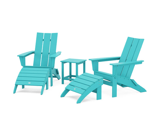 POLYWOOD Modern Folding Adirondack Chair 5-Piece Set with Ottomans and 18" Side Table in Aruba image