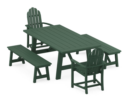 POLYWOOD Classic Adirondack 5-Piece Rustic Farmhouse Dining Set With Benches in Green image