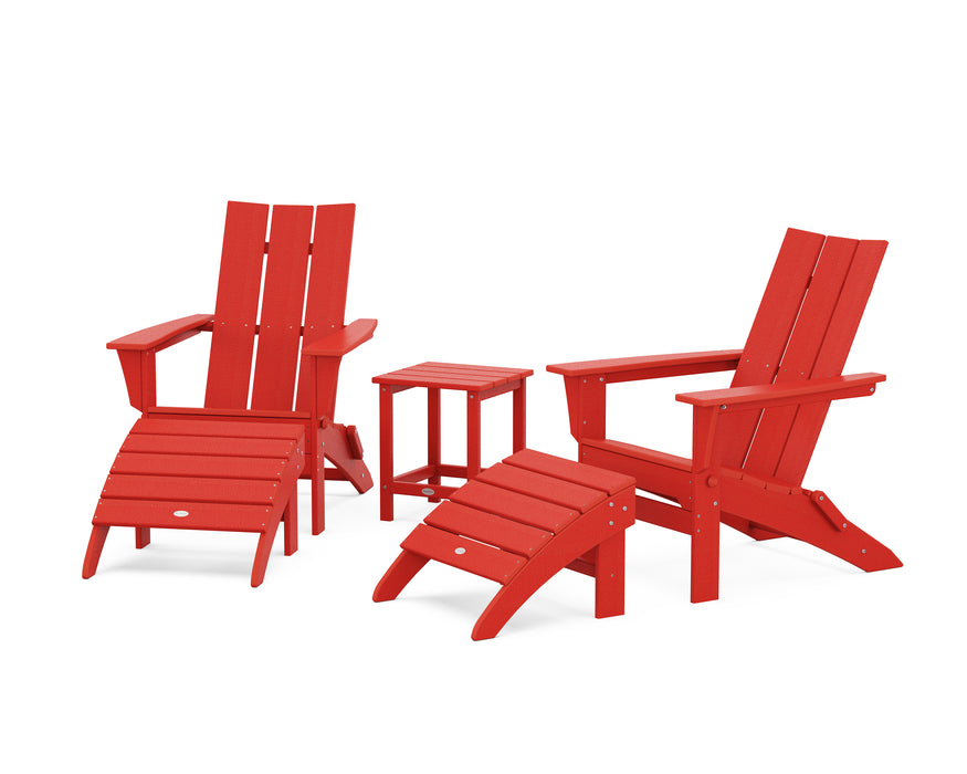 POLYWOOD Modern Folding Adirondack Chair 5-Piece Set with Ottomans and 18" Side Table in Sunset Red