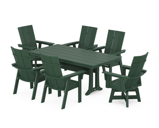 POLYWOOD Modern Curveback Adirondack Swivel Chair 7-Piece Farmhouse Dining Set With Trestle Legs in Green image