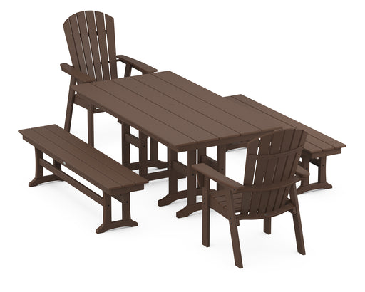 POLYWOOD Nautical Curveback Adirondack 5-Piece Farmhouse Dining Set with Benches in Mahogany image