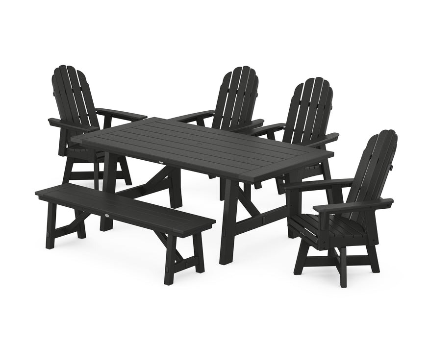 POLYWOOD Vineyard Curveback Adirondack Swivel Chair 6-Piece Rustic Farmhouse Dining Set With Bench in Black