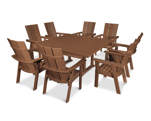POLYWOOD Modern Curveback Adirondack 9-Piece Farmhouse Trestle Dining Set in Teak image