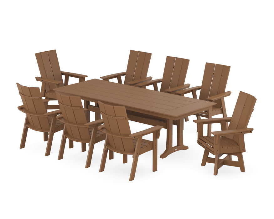 POLYWOOD Modern Curveback Adirondack Swivel 9-Piece Farmhouse Dining Set with Trestle Legs in Teak