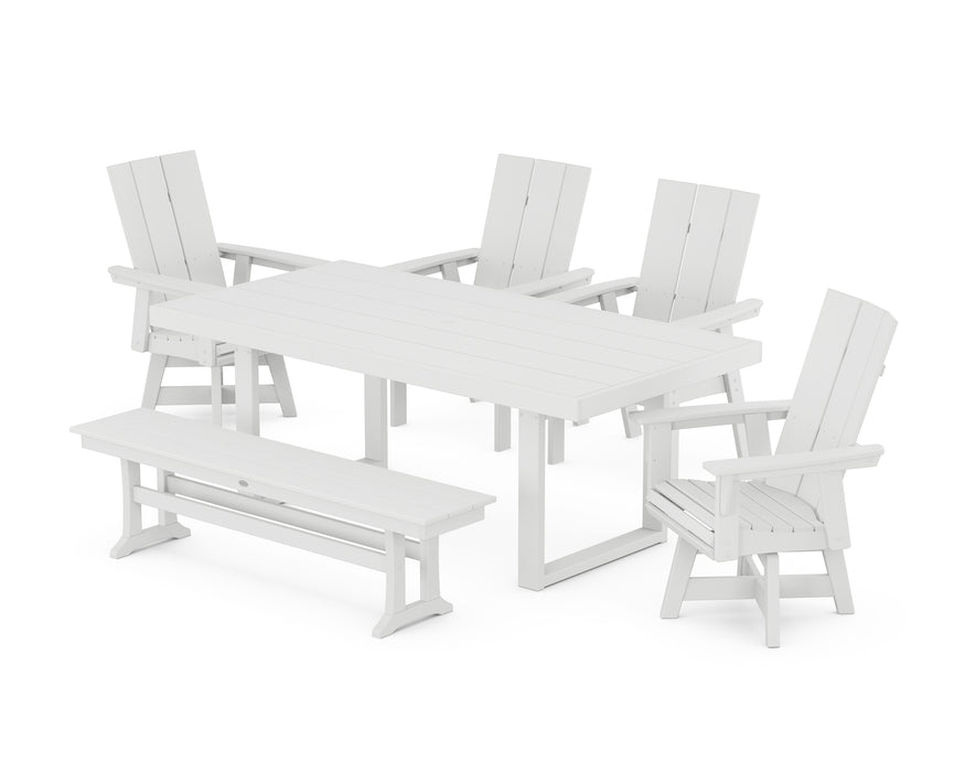 POLYWOOD Modern Curveback Adirondack Swivel Chair 6-Piece Dining Set with Bench in White image