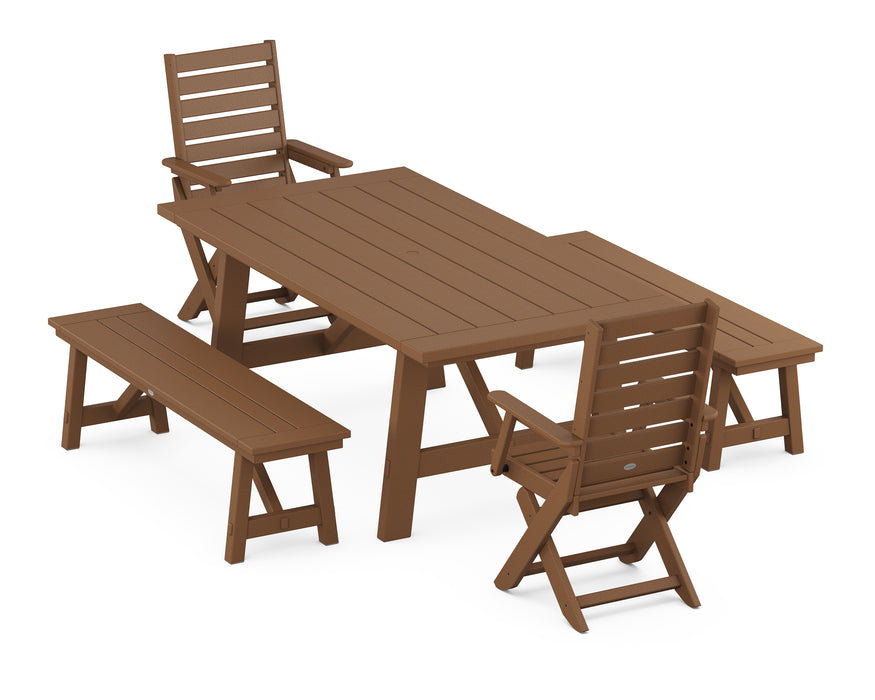 POLYWOOD Captain 5-Piece Rustic Farmhouse Dining Set With Benches in Teak image