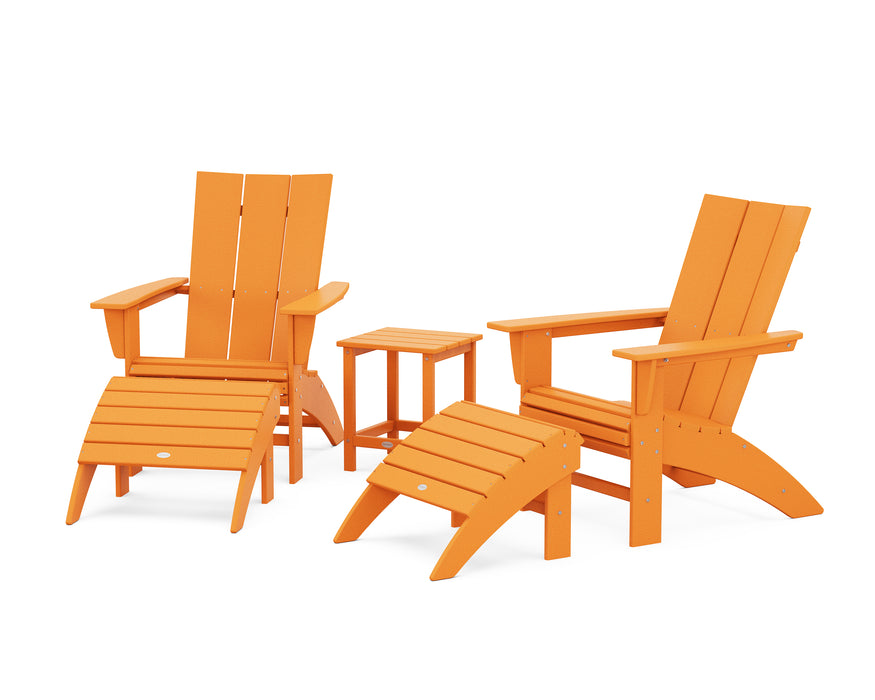 POLYWOOD Modern Curveback Adirondack Chair 5-Piece Set with Ottomans and 18" Side Table in Tangerine image