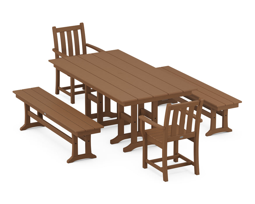 POLYWOOD Traditional Garden 5-Piece Farmhouse Dining Set with Benches in Teak image