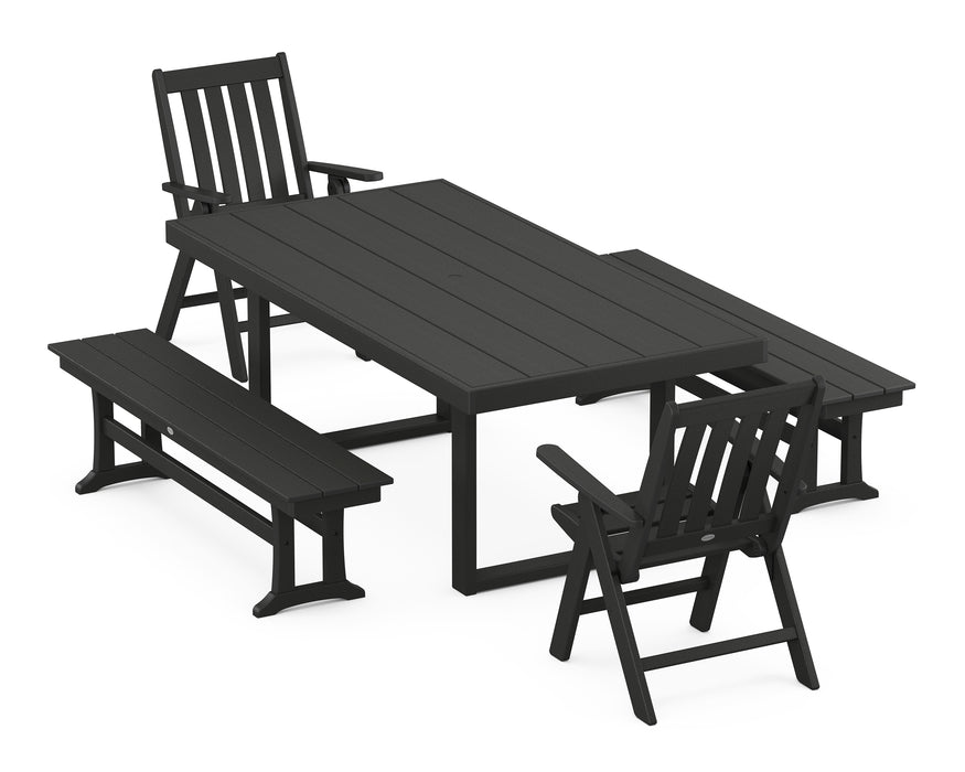 POLYWOOD Vineyard Folding Chair 5-Piece Dining Set with Benches in Black