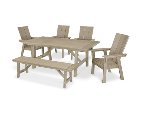 POLYWOOD Modern Curveback Adirondack 6-Piece Rustic Farmhouse Dining Set with Bench in Vintage Sahara image